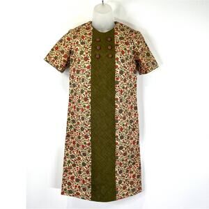 Vintage Handmade Dress Printed Floral Aline 60s Green Red